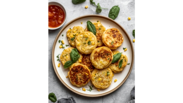 Fresh homemade corn and basil pancakes served with tomato salsa, made with sweet corn, basil, chives, and whole-grain flour.
